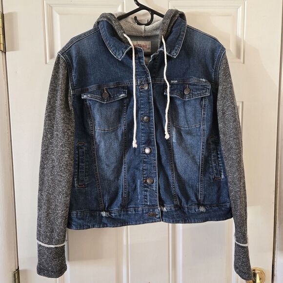 Mossimo Supply Co Denim Jean Jacket Hoodie XXL Blue Gray Knit Sleeves Casual - Picture 1 of 10